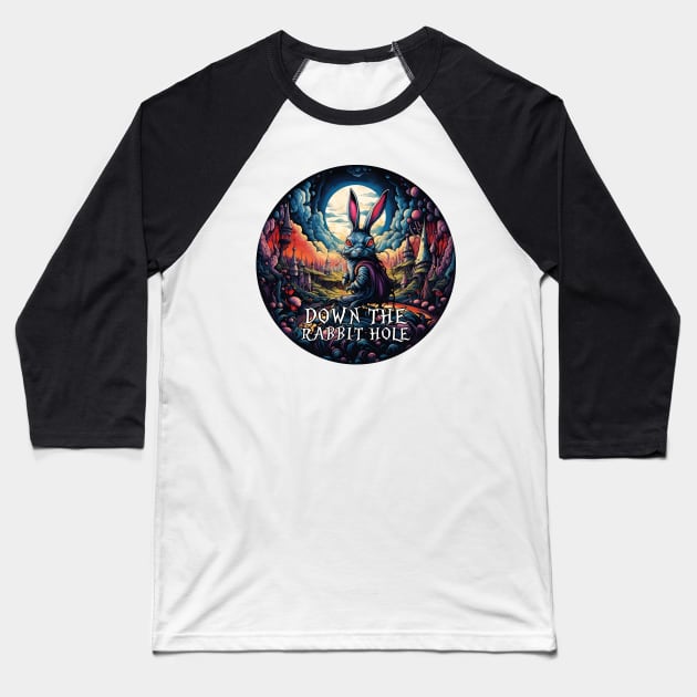 Alice in Wonderland Down the Rabbit Hole Baseball T-Shirt by beangeerie
